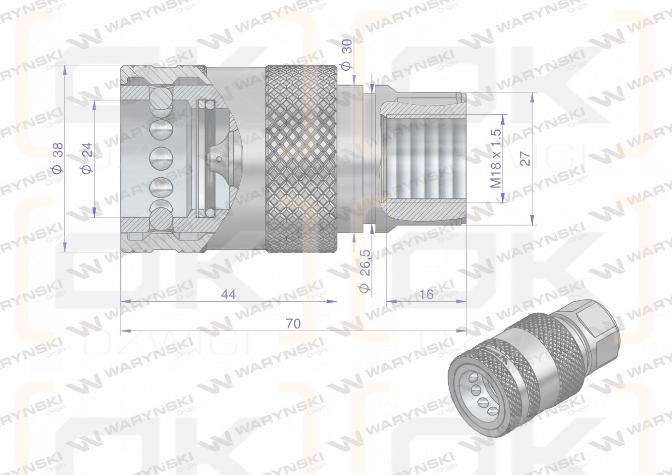 Szybkozłącze hydrauliczne gniazdo z eliminatorem ciśnienia M18x1.5 gwint wew. EURO PUSH-PULL (ISO 7241-A) Waryński