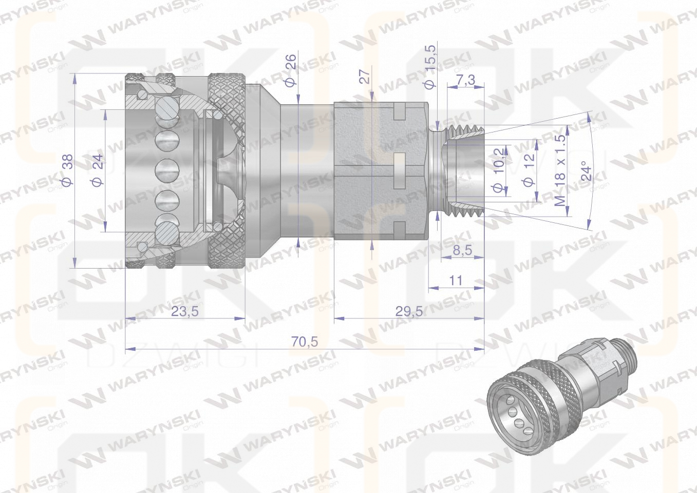Szybkozłącze hydrauliczne gniazdo M18x1.5 gwint zewnętrzny EURO (9100818G) (ISO 7241-A) Waryński