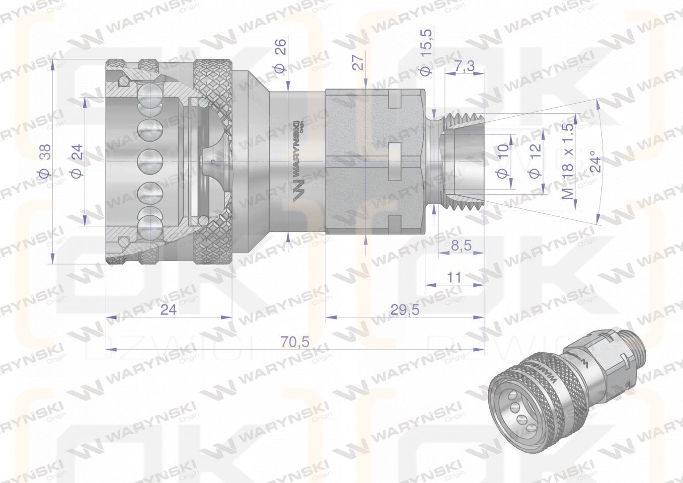 Szybkozłącze hydrauliczne gniazdo z eliminatorem ciśnienia M18x1.5 gwint zewnętrzny EURO (9100818G) (ISO 7241-A) Waryński