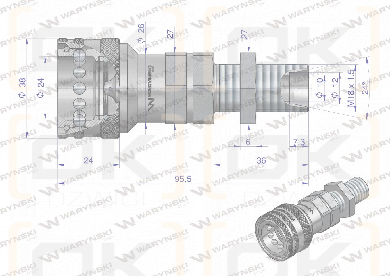 Szybkozłącze hydrauliczne gniazdo z eliminatorem ciśnienia long M18x1.5 gwint zewnętrzny EURO (9100818GL) (ISO 7241-A) Waryński