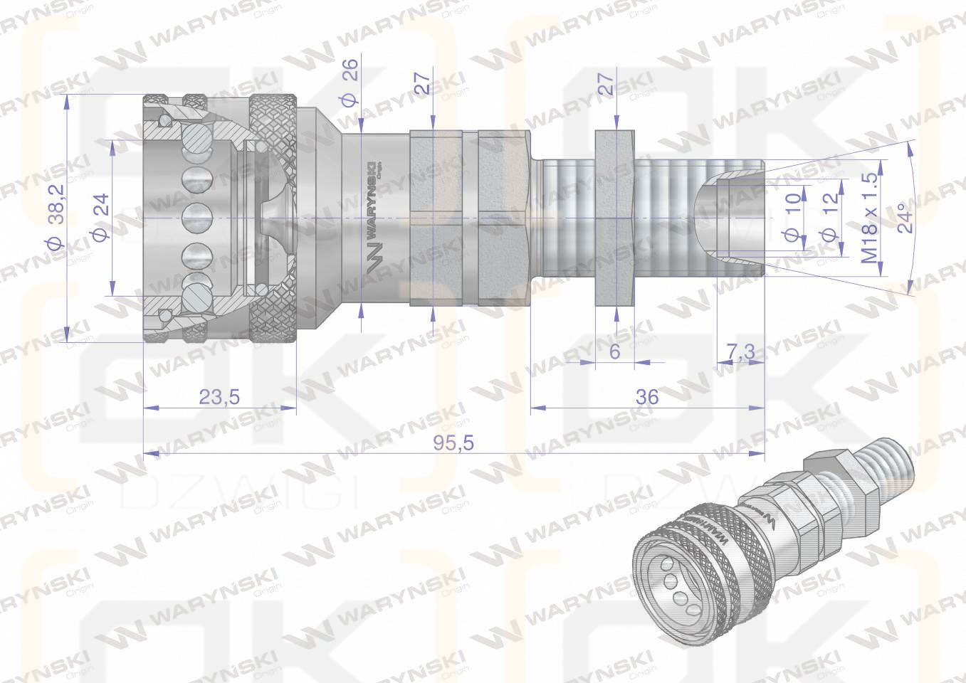 Szybkozłącze hydrauliczne gniazdo long M18x1.5 gwint zewnętrzny EURO (9100818GL) (ISO 7241-A) Waryński  (opakowanie 10szt)