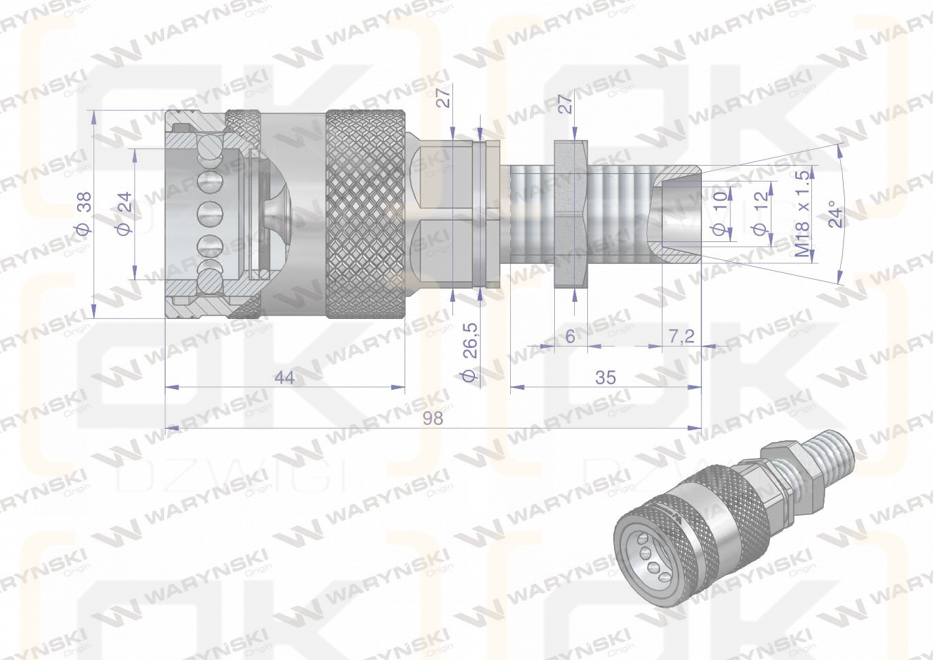 Szybkozłącze hydrauliczne gniazdo long M18x1.5 gwint zewnętrzny EURO PUSH-PULL (9100818GL) (ISO 7241-A) Waryński