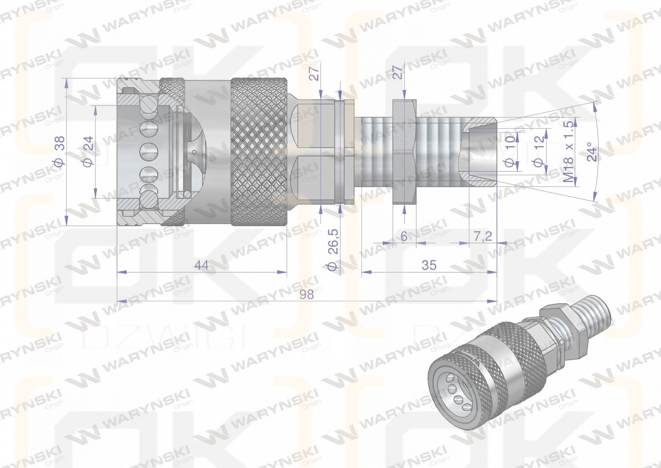 Szybkozłącze hydrauliczne gniazdo long z eliminatorem ciśnienia M18x1.5 gwint zew. EURO PUSH-PULL (9100818GL) (ISO 7241-A) Waryński