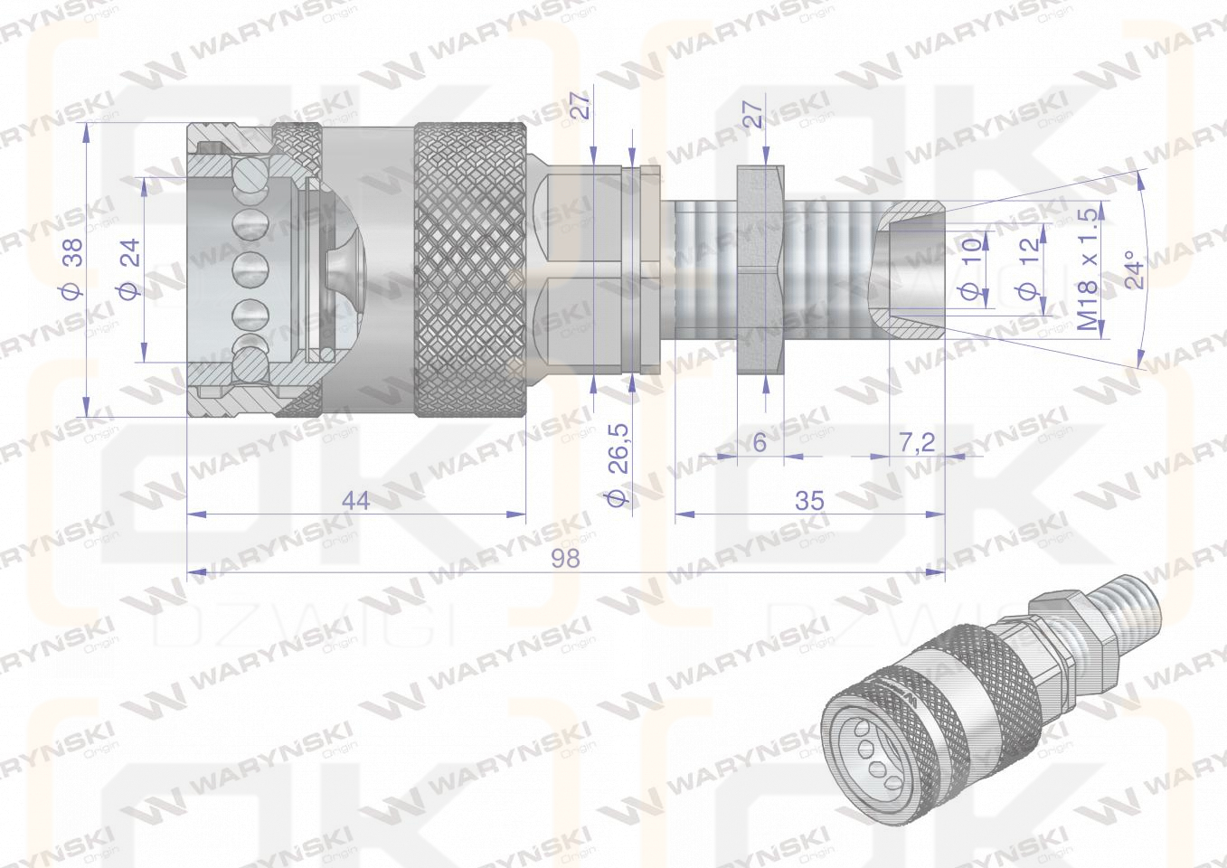 Szybkozłącze hydrauliczne gniazdo long M18x1.5 gwint zewnętrzny EURO PUSH-PULL (9100818GL) (ISO 7241-A) Waryński  (opakowanie 10szt)