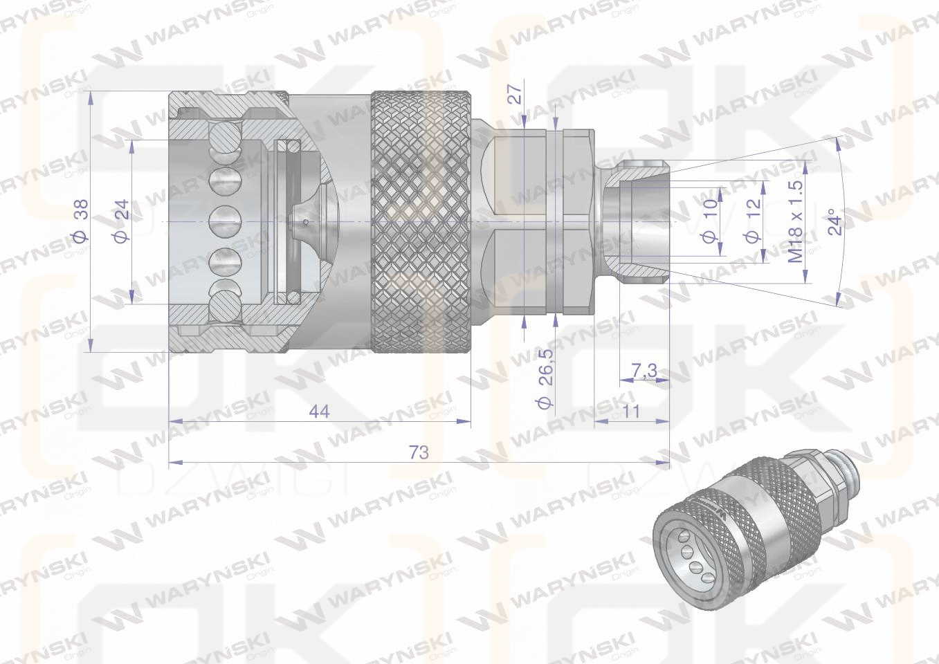 Szybkozłącze hydrauliczne gniazdo z eliminatorem ciśnienia M18x1.5 gwint zew. EURO PUSH-PULL (9100818G) (ISO 7241-A) Waryński