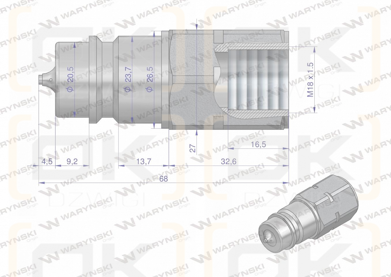 Szybkozłącze hydrauliczne wtyczka z eliminatorem ciśnienia M18x1.5 gwint wew. EURO (ISO 7241-A) Waryński