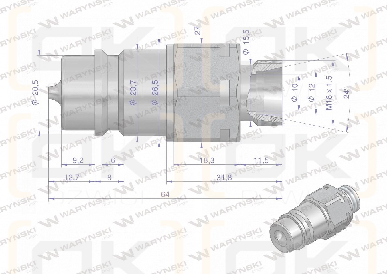 Szybkozłącze hydrauliczne wtyczka M18x1.5 gwint zewnętrzny EURO (9100818W) (ISO 7241-A) Waryński