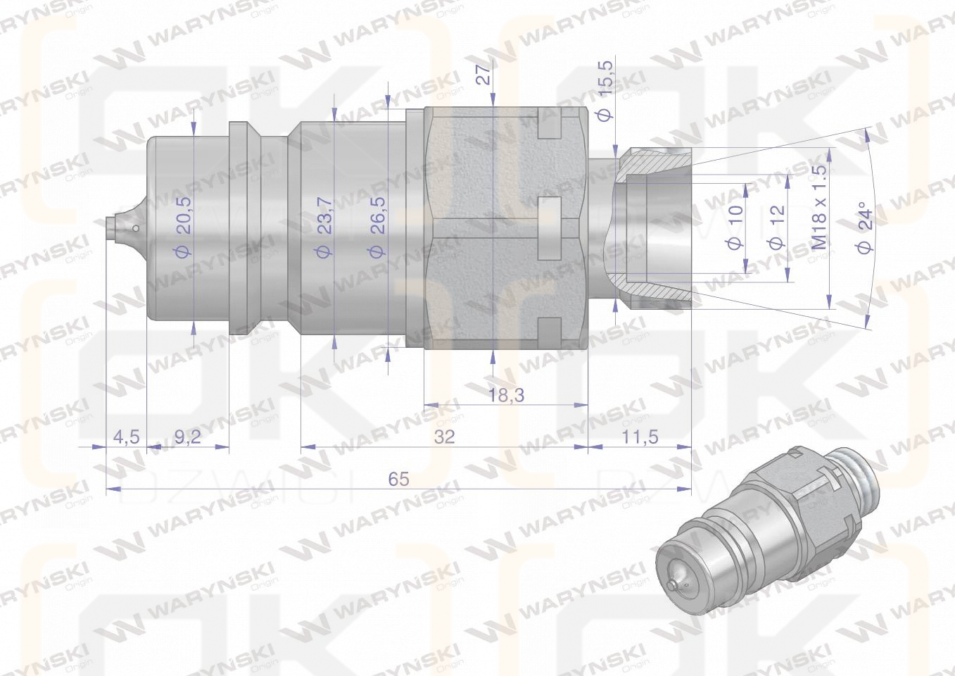 Szybkozłącze hydrauliczne wtyczka z eliminatorem ciśnienia M18x1.5 gwint zew. EURO (9100818W) (ISO 7241-A) Waryński