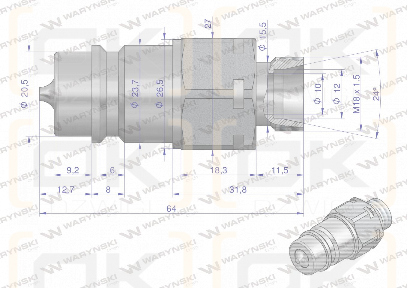 Szybkozłącze hydrauliczne wtyczka M18x1.5 gwint zewnętrzny EURO (9100818W) (ISO 7241-A) Waryński  (opakowanie 10szt)