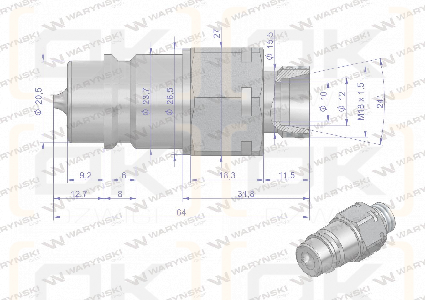 Szybkozłącze hydrauliczne wtyczka M18x1.5 gwint zewnętrzny EURO (9100818W) (ISO 7241-A) Waryński (opakowanie 100szt)