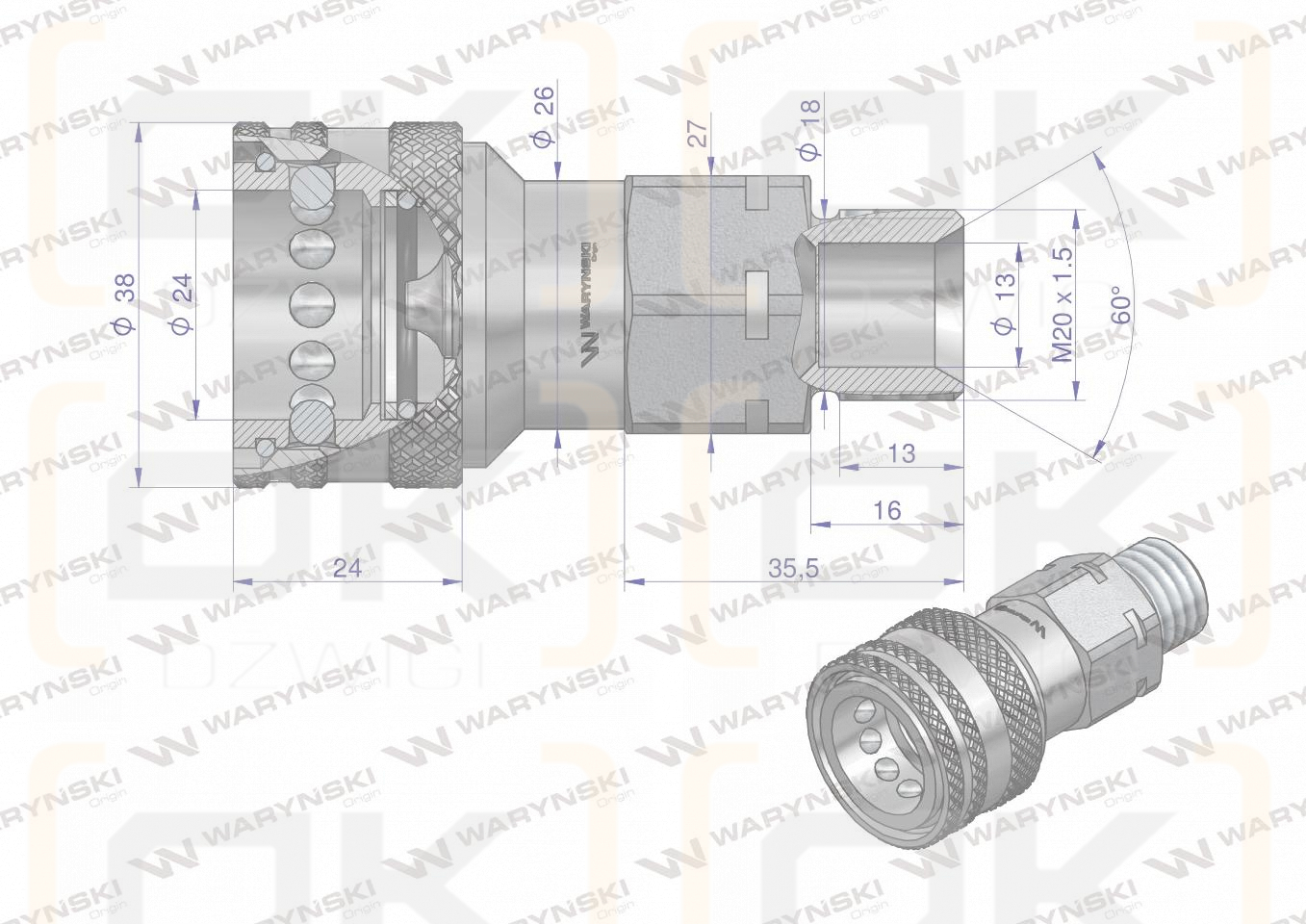 Szybkozłącze hydrauliczne gniazdo M20x1.5 gwint zewnętrzny EURO (ISO 7241-A) Waryński