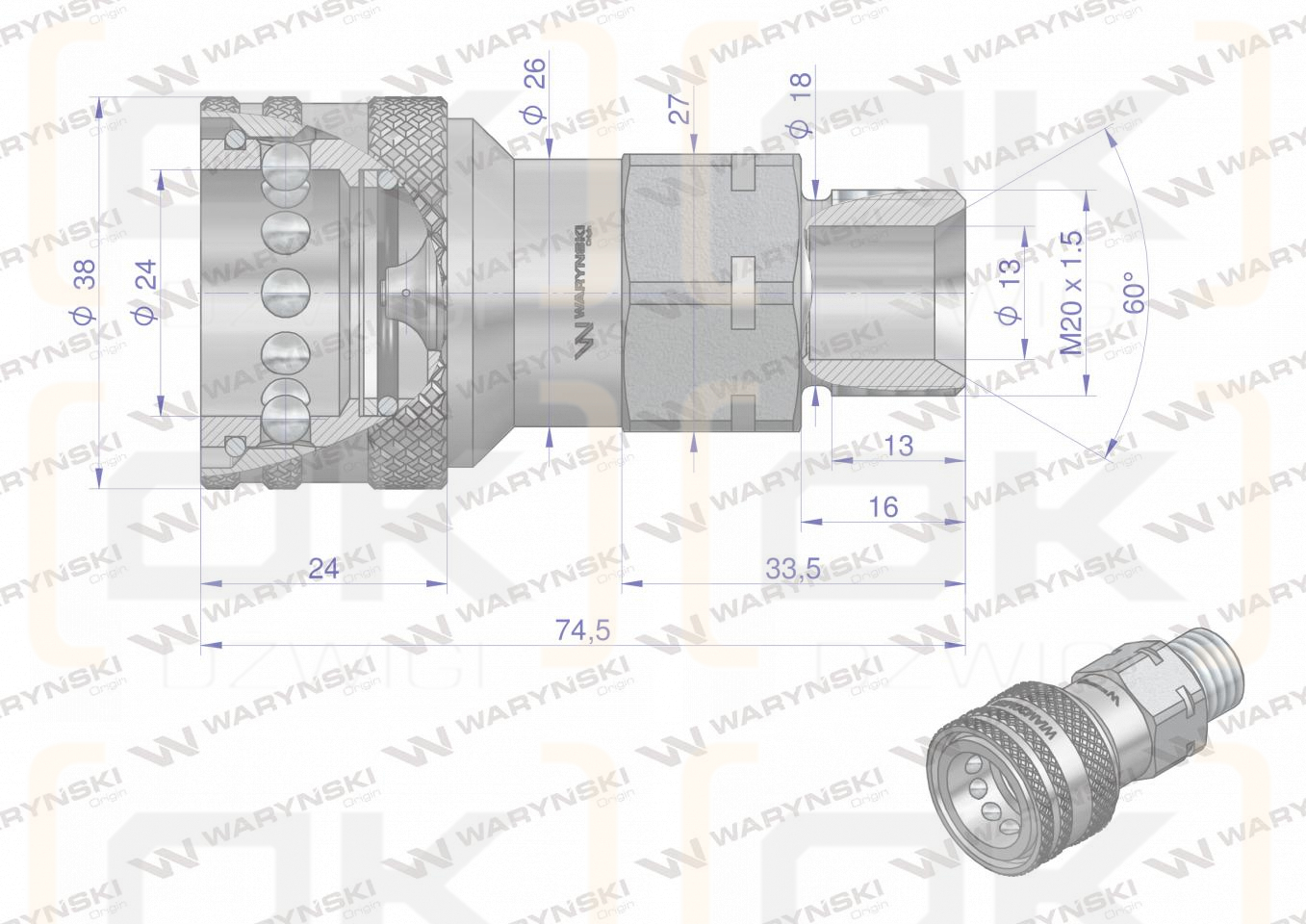 Szybkozłącze hydrauliczne gniazdo z eliminatorem ciśnienia M20x1.5 gwint zewnętrzny EURO (ISO 7241-A) Waryński