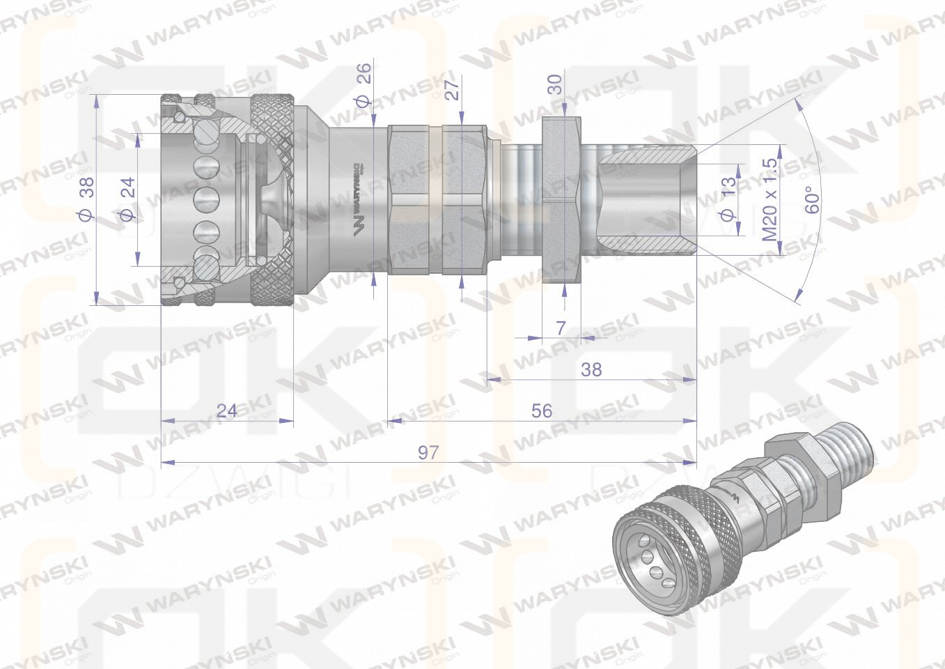 Szybkozłącze hydrauliczne gniazdo long M20x1.5 gwint zewnętrzny EURO (ISO 7241-A) Waryński