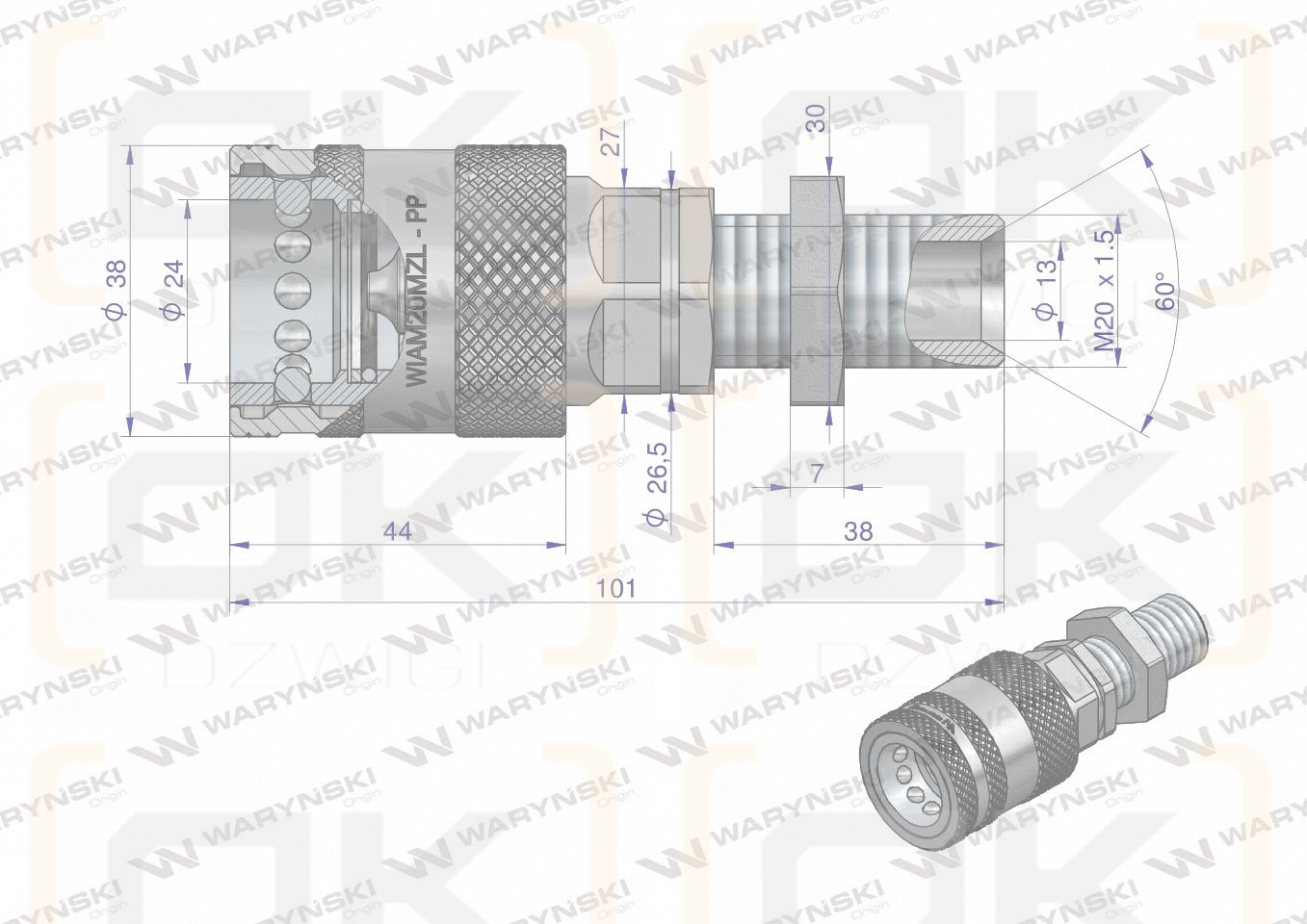 Szybkozłącze hydrauliczne gniazdo long M20x1.5 gwint zewnętrzny EURO PUSH-PULL (ISO 7241-A) Waryński