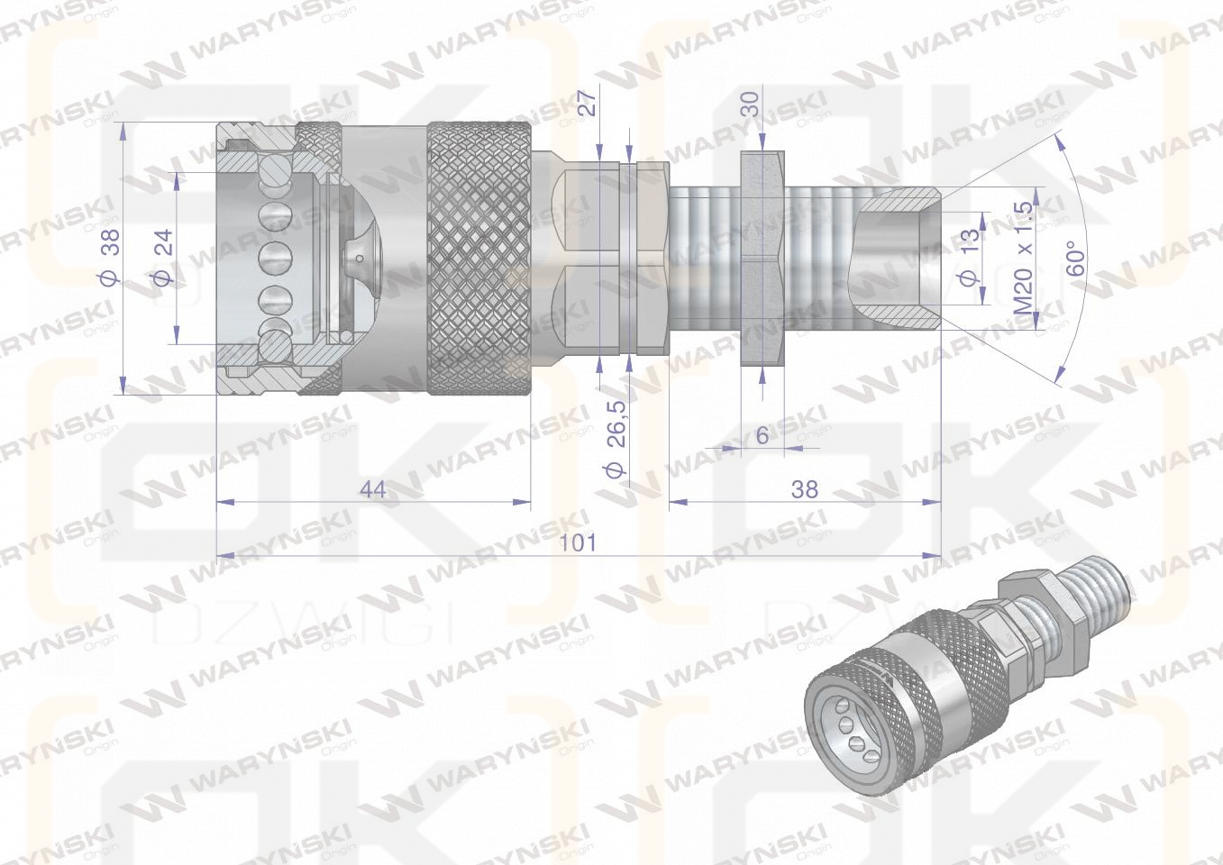 Szybkozłącze hydrauliczne gniazdo long z eliminatorem ciśnienia M20x1.5 gwint zewnętrzny EURO PUSH-PULL (ISO 7241-A) Waryński