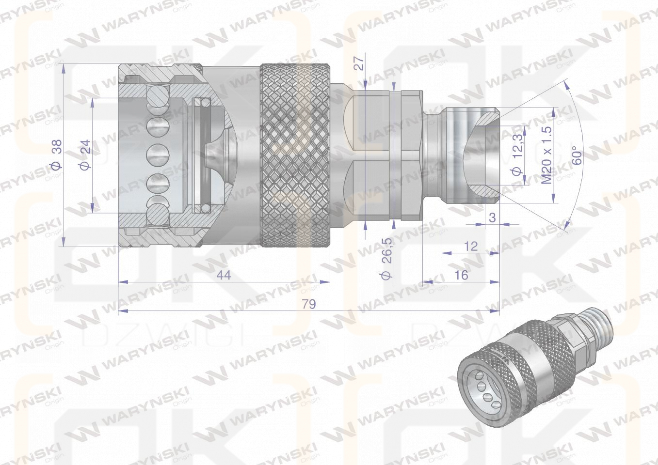 Szybkozłącze hydrauliczne gniazdo M20x1.5 gwint zewnętrzny EURO PUSH-PULL (9100822G) (ISO 7241-A) Waryński