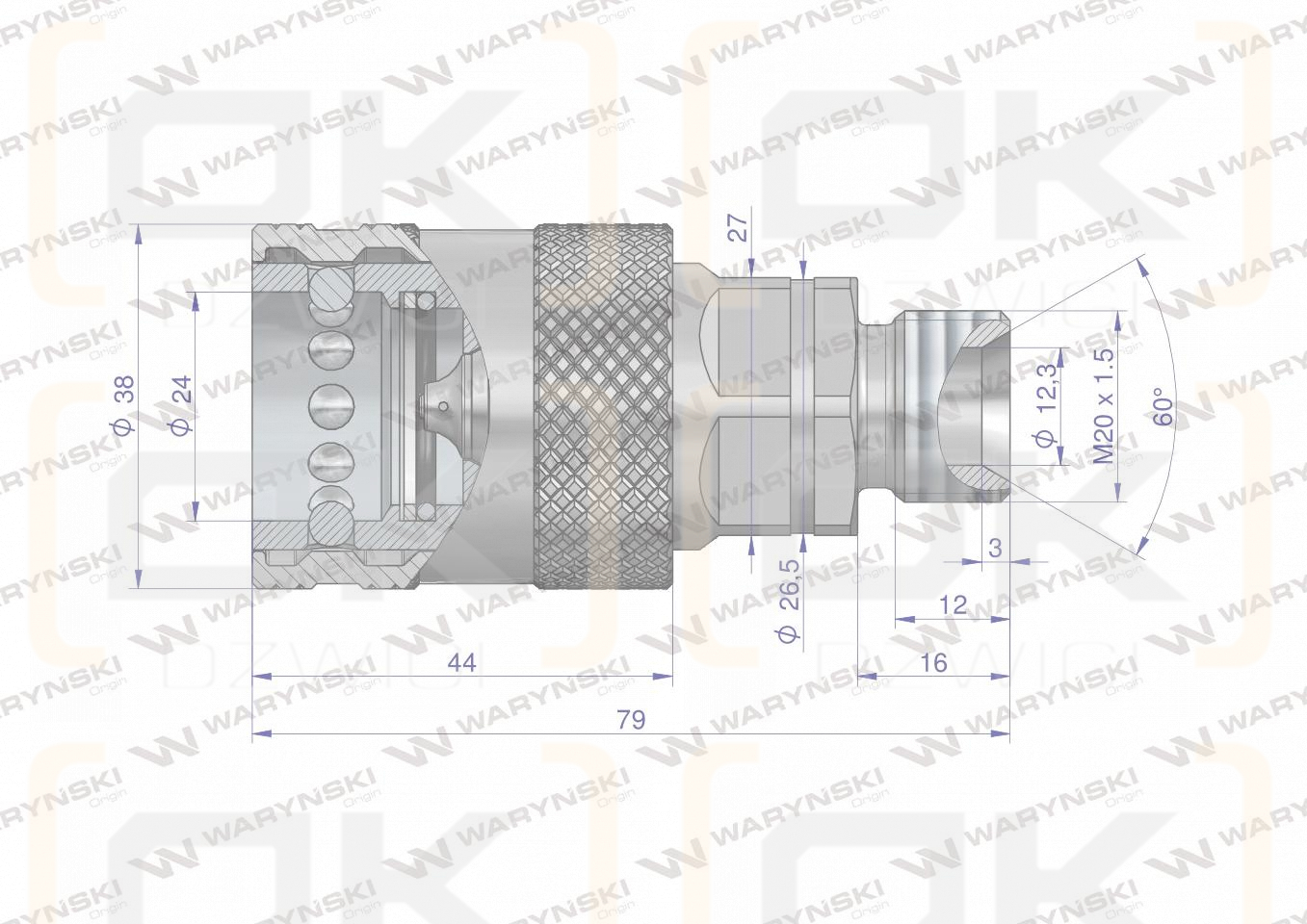 Szybkozłącze hydrauliczne gniazdo z eliminatorem ciśnienia M20x1.5 gwint zew. EURO PUSH-PULL (9100822G) (ISO 7241-A) Waryński