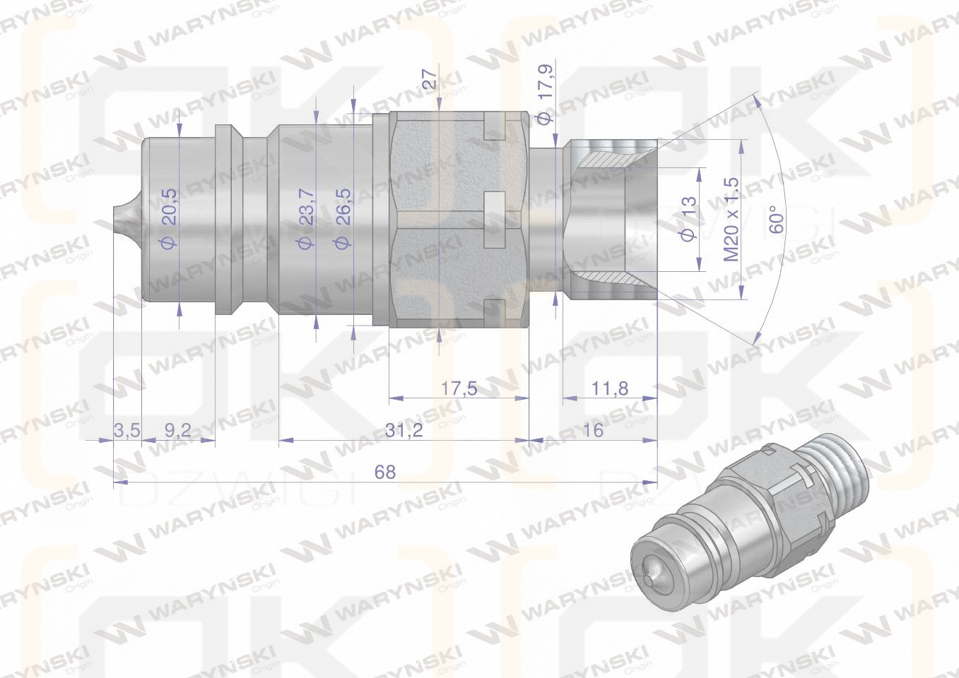 Szybkozłącze hydrauliczne wtyczka M20x1.5 gwint zewnętrzny EURO (9100822W) (ISO 7241-A) Waryński