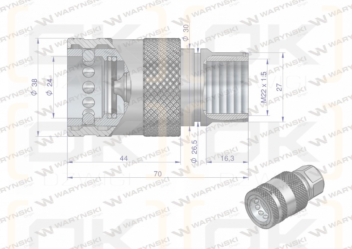 Szybkozłącze hydrauliczne gniazdo M22x1.5 gwint wewnętrzny EURO PUSH-PULL (ISO 7241-A) Waryński