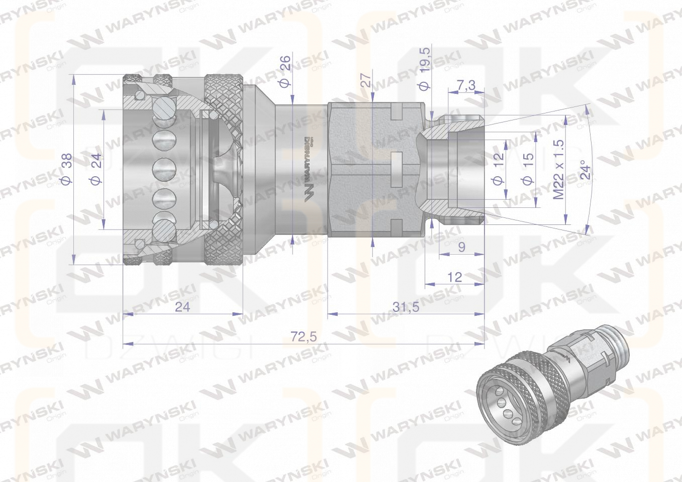 Szybkozłącze hydrauliczne gniazdo M22x1.5 gwint zewnętrzny EURO (9100822G) (ISO 7241-A) Waryński