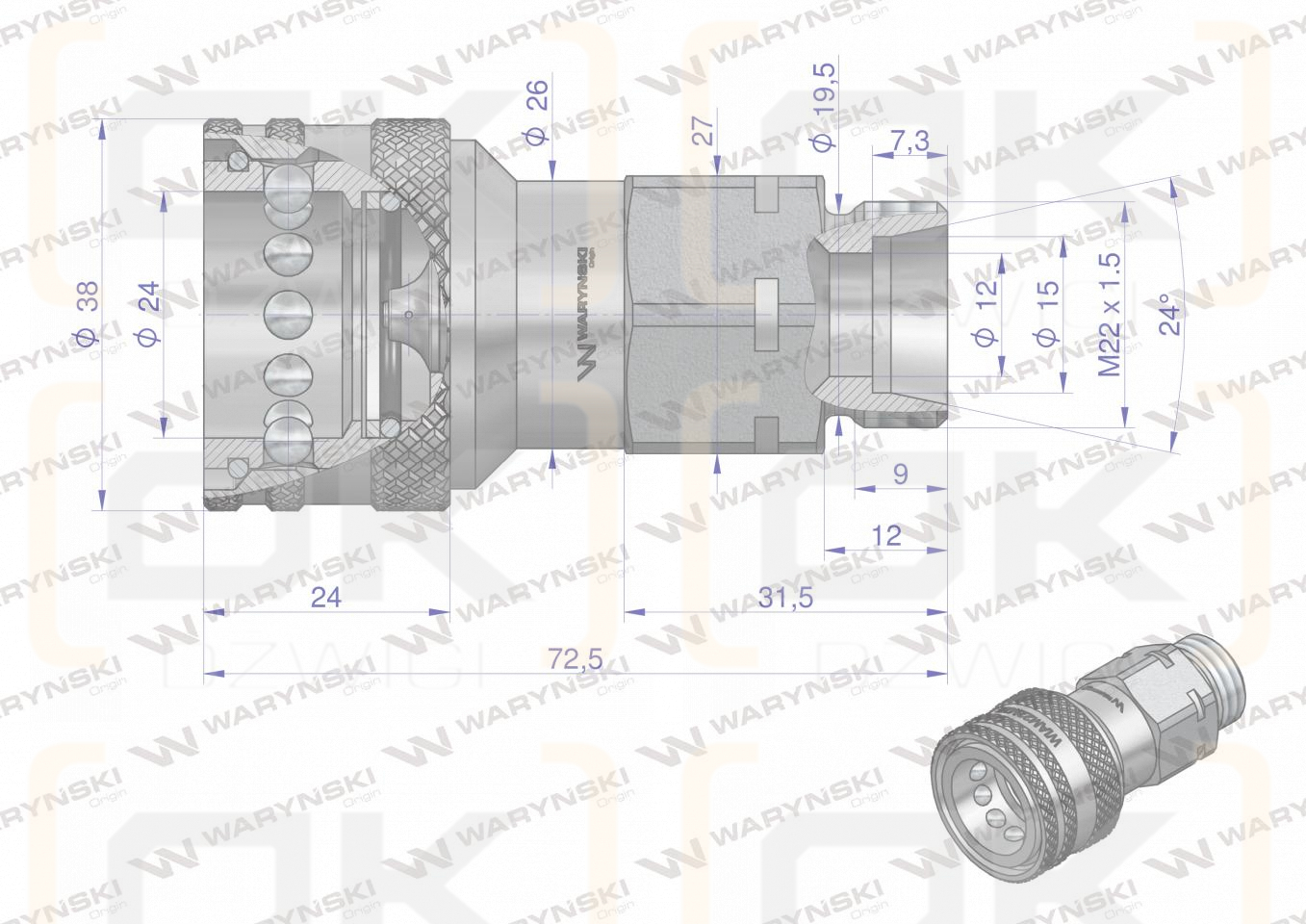 Szybkozłącze hydrauliczne gniazdo z eliminatorem ciśnienia M22x1.5 gwint zewnętrzny EURO (9100822G) (ISO 7241-A) Waryński