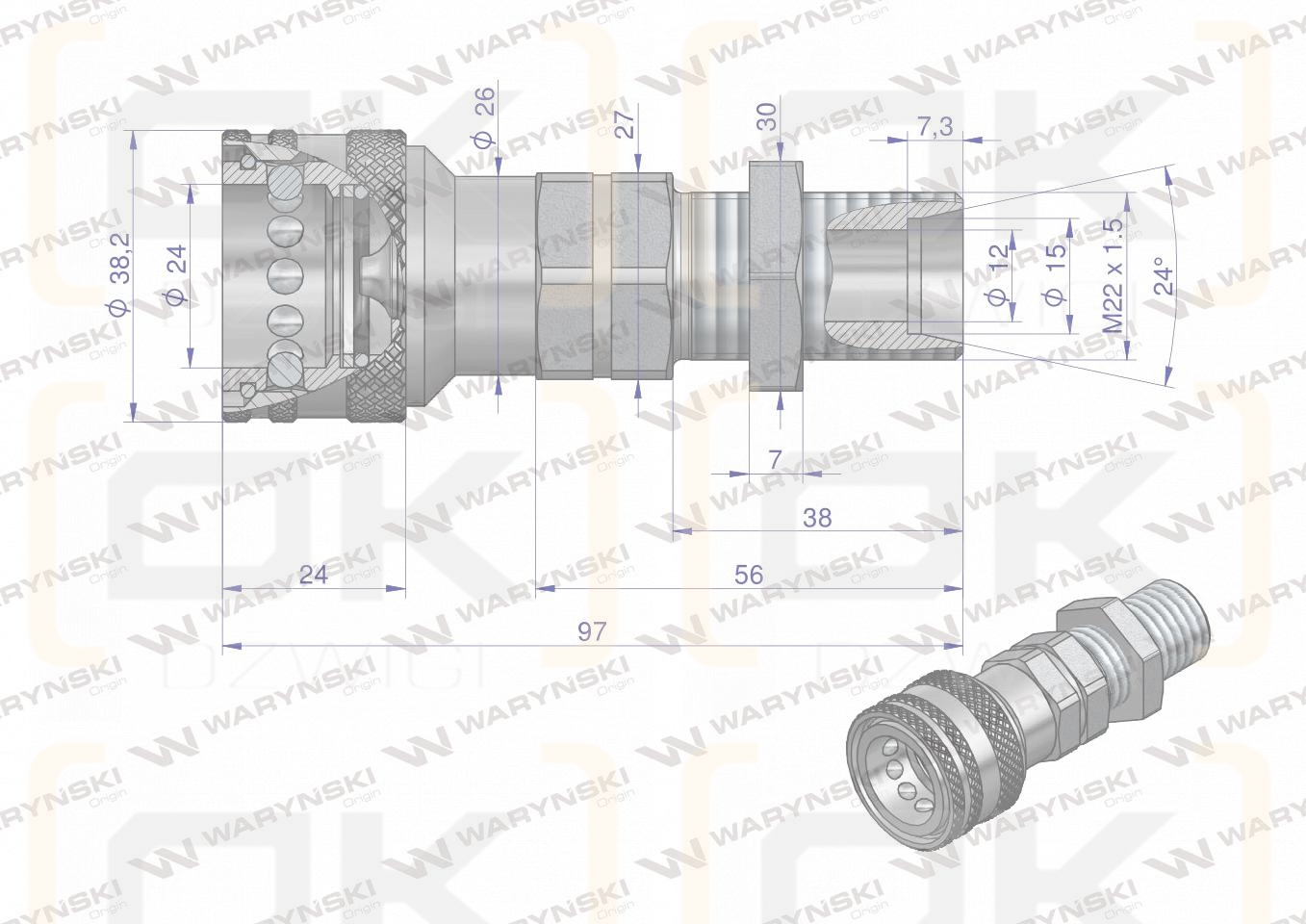 Szybkozłącze hydrauliczne gniazdo long M22x1.5 gwint zewnętrzny EURO (9100822GL) (ISO 7241-A) Waryński