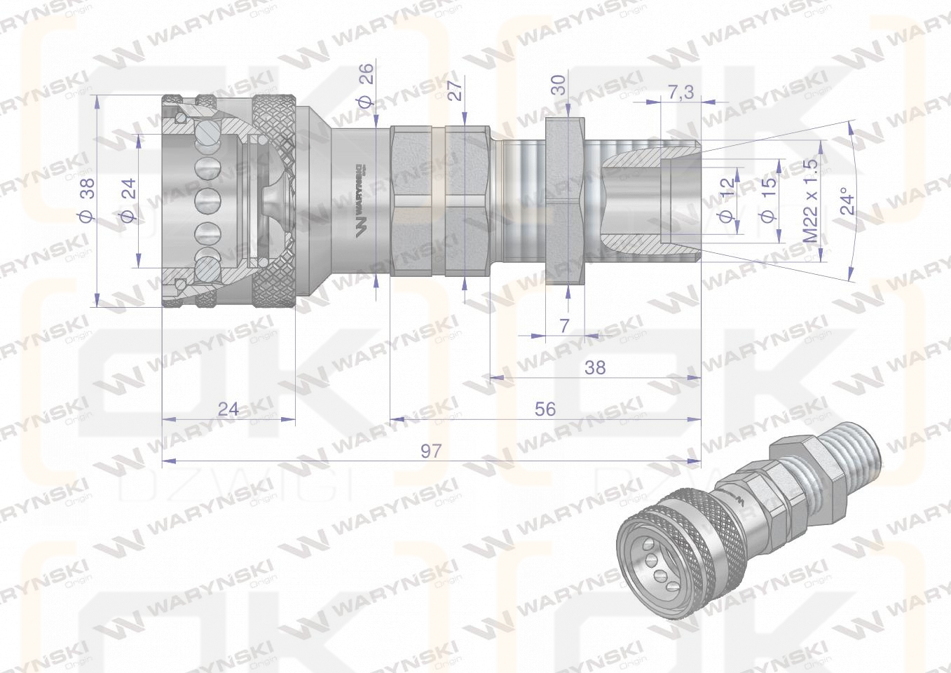 Szybkozłącze hydrauliczne gniazdo long M22x1.5 gwint zewnętrzny EURO (9100822GL) (ISO 7241-A) Waryński