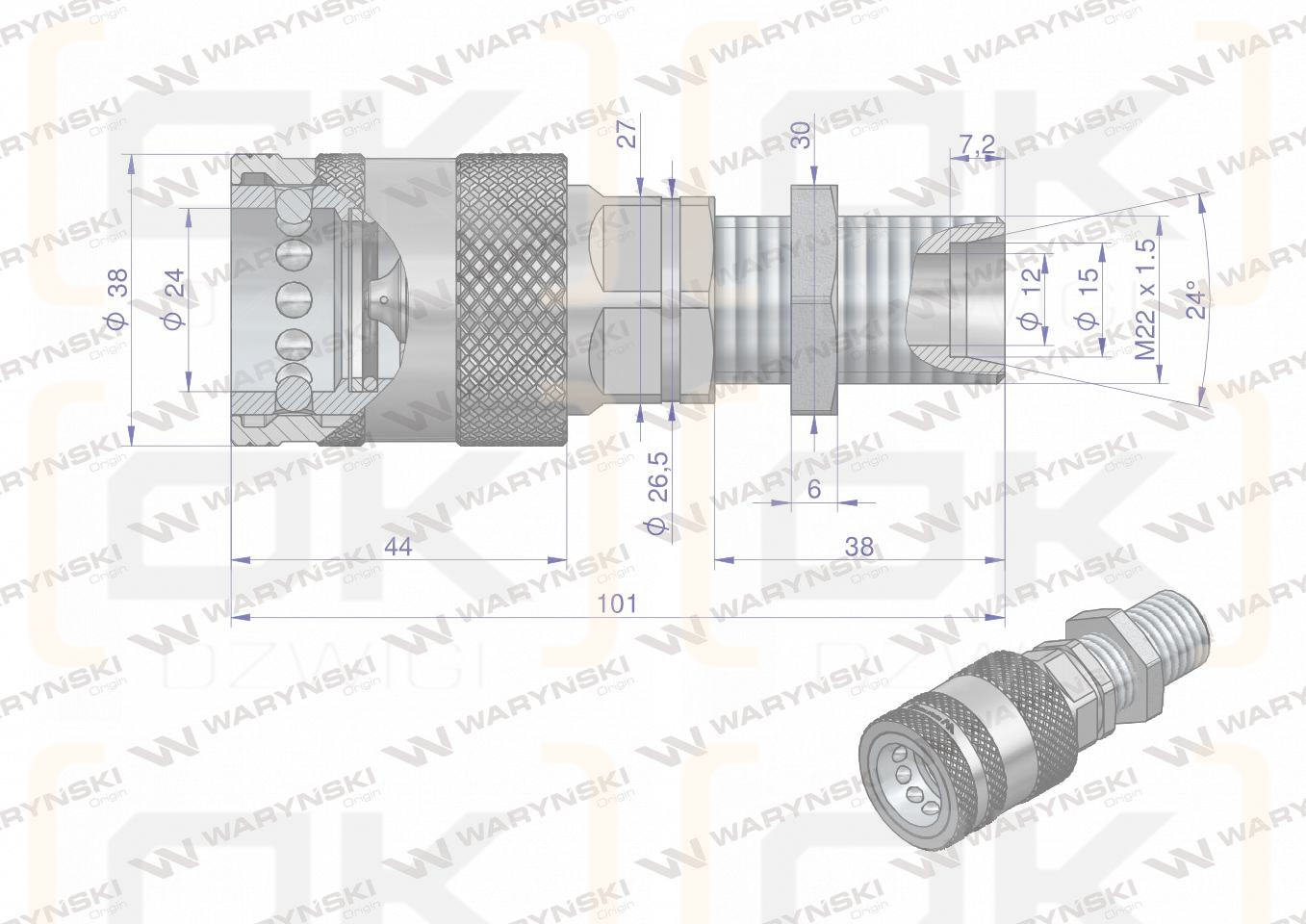 Szybkozłącze hydrauliczne gniazdo long z eliminatorem ciśnienia M22x1.5 gwint zew. EURO PUSH-PULL (9100822GL) (ISO 7241-A) Waryński