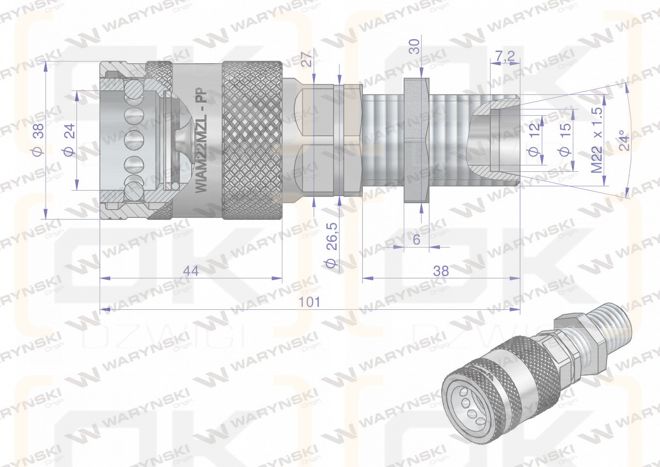 Szybkozłącze hydrauliczne gniazdo long M22x1.5 gwint zewnętrzny EURO PUSH-PULL (9100822GL) (ISO 7241-A) Waryński  (opakowanie 10szt)