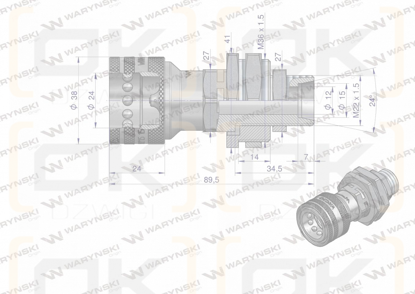 Hydraulic quick coupler long socket with pressure eliminator M22x1.5 external thread EURO (504900) (9199822G/ST) (ISO 7241-A) Waryński (pack of 10)