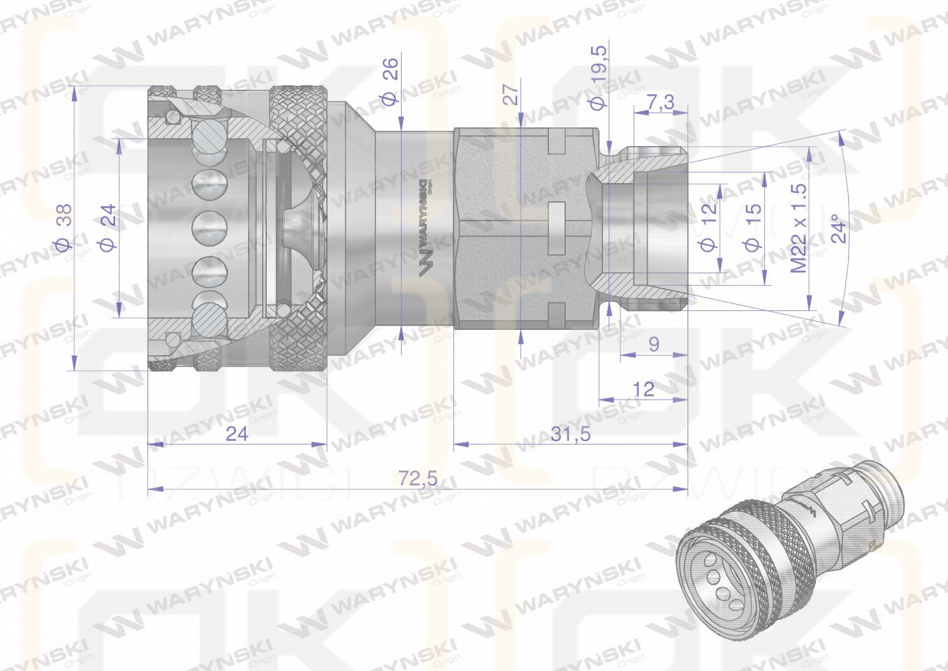 Szybkozłącze hydrauliczne gniazdo M22x1.5 gwint zewnętrzny EURO (9100822G) (ISO 7241-A) Waryński  (opakowanie 10szt)