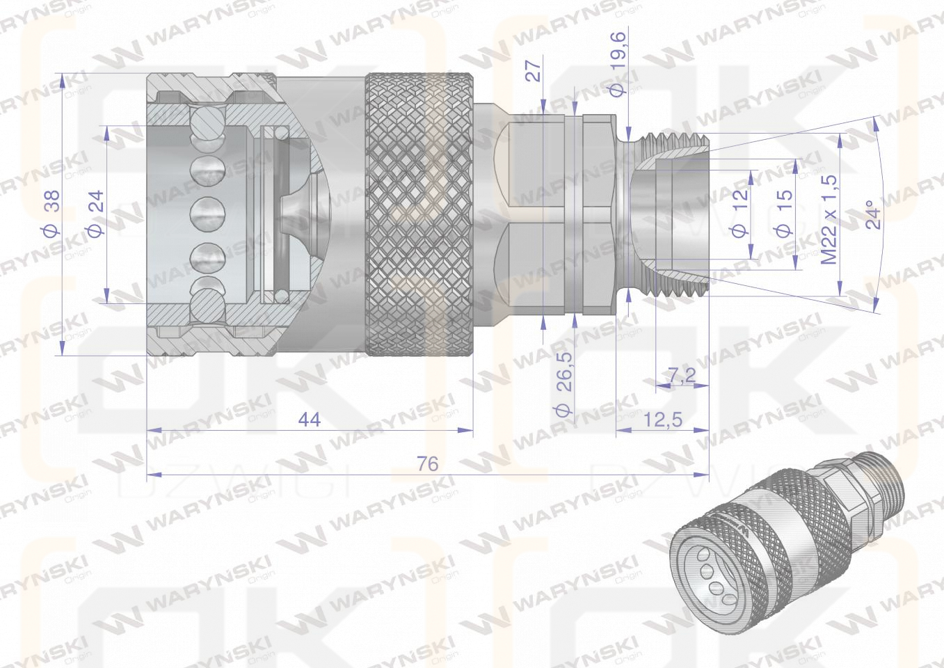 Szybkozłącze hydrauliczne gniazdo M22x1.5 gwint zewnętrzny EURO PUSH-PULL (9100822G) (ISO 7241-A) Waryński  (opakowanie 10szt)