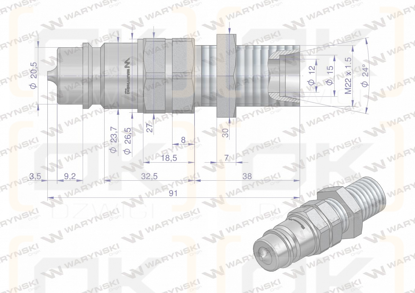 Szybkozłącze hydrauliczne wtyczka long M22x1.5 gwint zewnętrzny EURO (9100822W) (ISO 7241-A) Waryński