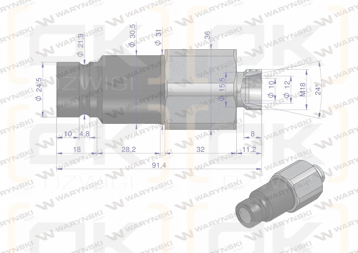 Szybkozłącze hydrauliczne suchoodcinające wtyczka M18x1.5 12L gwint zewnętrzny ISO16028 Waryński