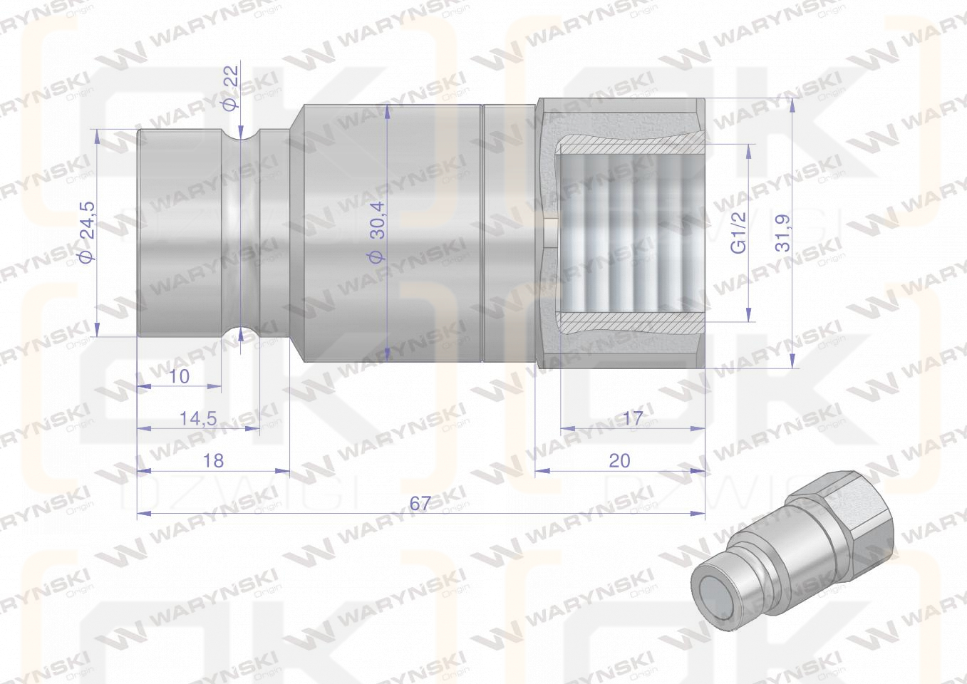 Szybkozłącze hydrauliczne suchoodcinające wtyczka G1/2