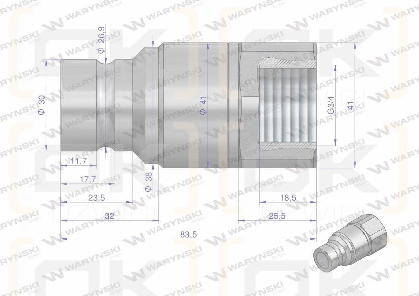 Szybkozłącze hydrauliczne suchoodcinające wtyczka G3/4