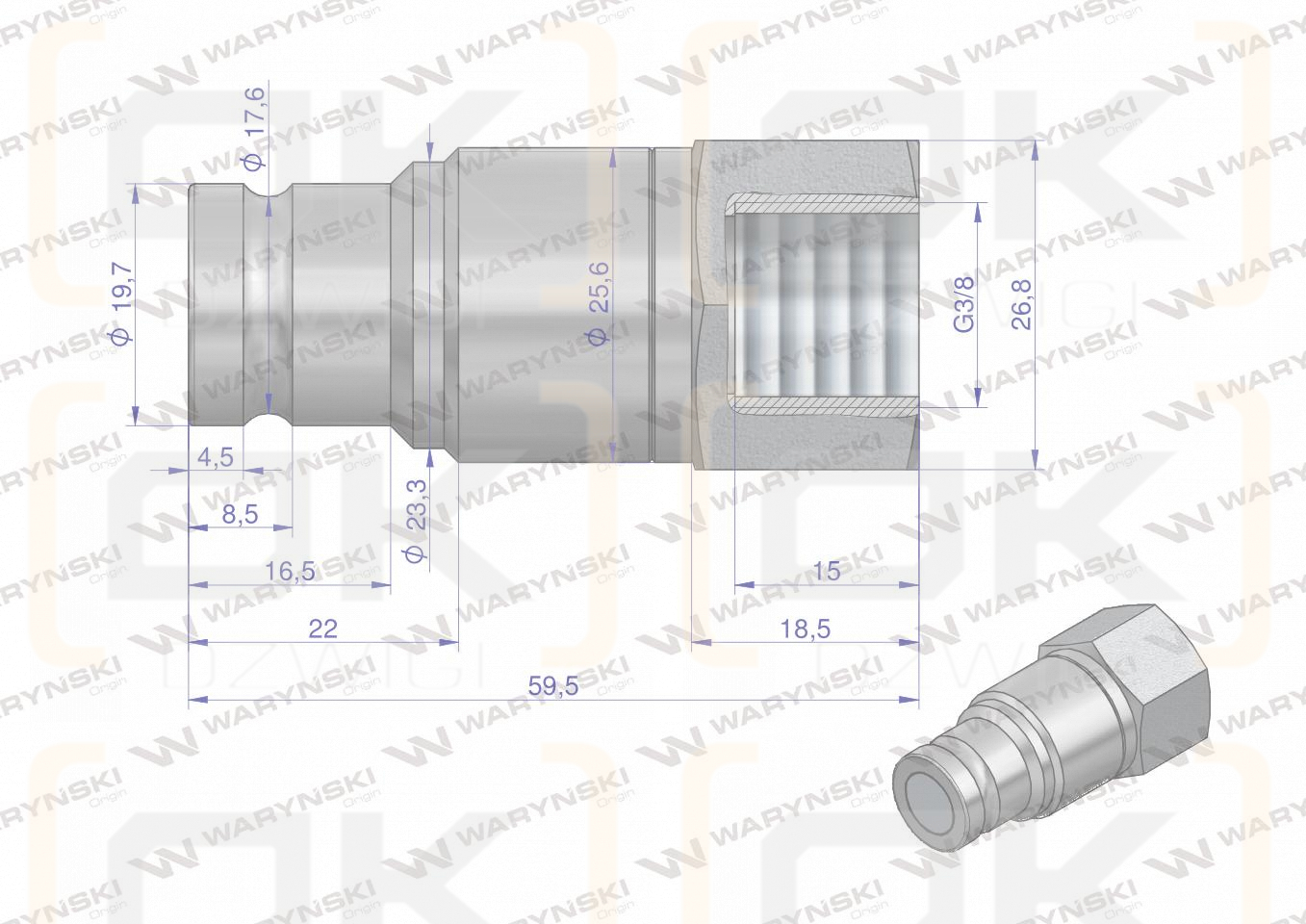 Szybkozłącze hydrauliczne suchoodcinające wtyczka G3/8