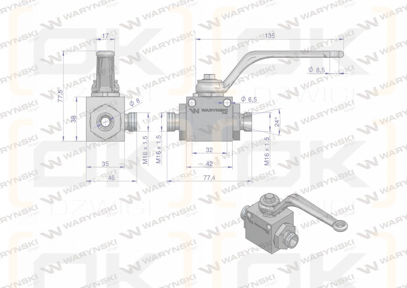 Zawór kulowy hydrauliczny 3-drogowy 3/2 M16x1.5 10L z otworami mocującymi 500 bar Waryński