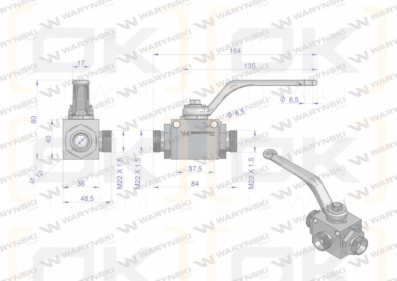 Zawór kulowy hydrauliczny 3-drogowy 3/2 M22x1.5 15L z otworami mocującymi 500 bar Waryński