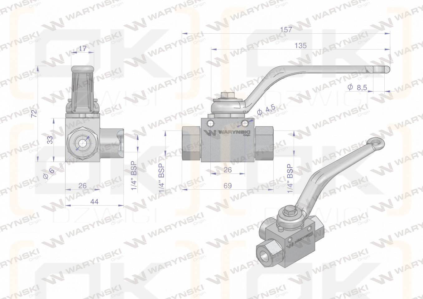 Zawór kulowy hydrauliczny 3-drogowy 3/2 - 1/4