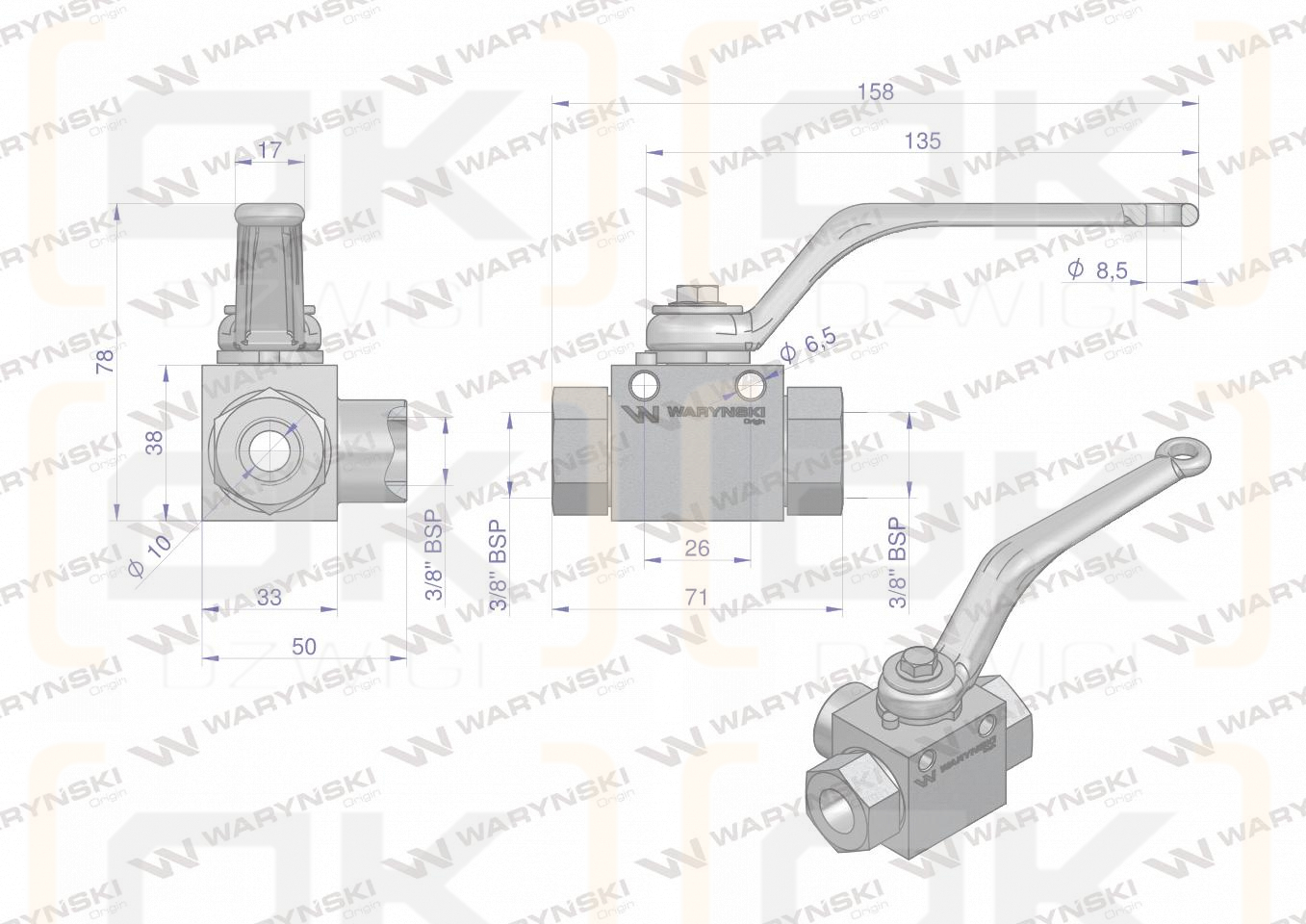 Zawór kulowy hydrauliczny 3-drogowy 3/2 - 3/8