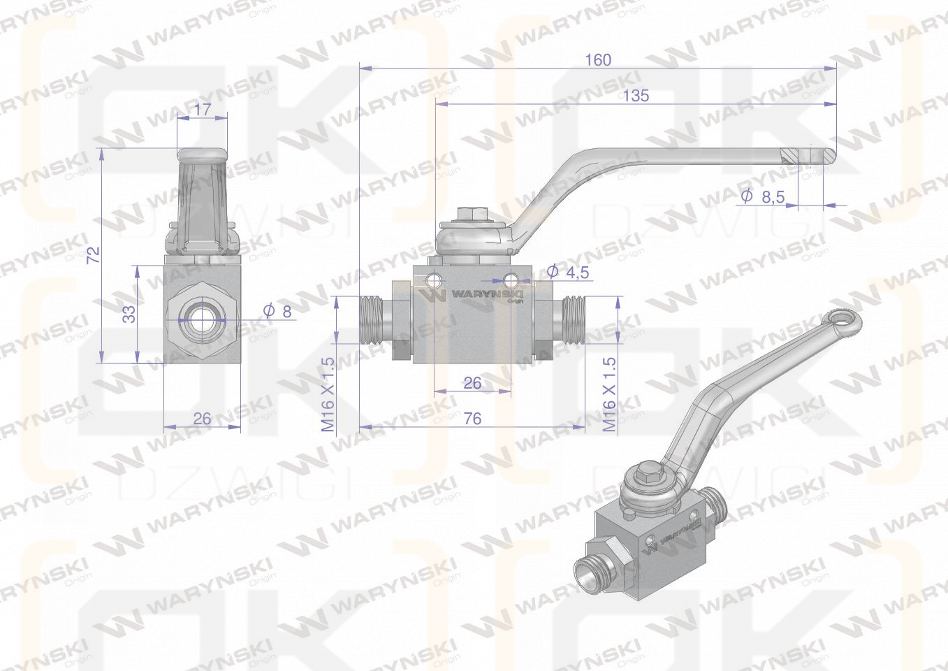 Zawór kulowy hydrauliczny 2-drogowy 2/2 M16x1.5 10L z otworami mocującymi 500 bar Waryński