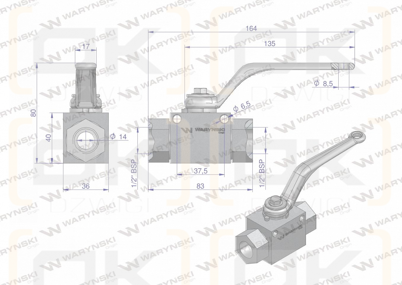 Zawór kulowy hydrauliczny 2-drogowy 2/2 - 1/2
