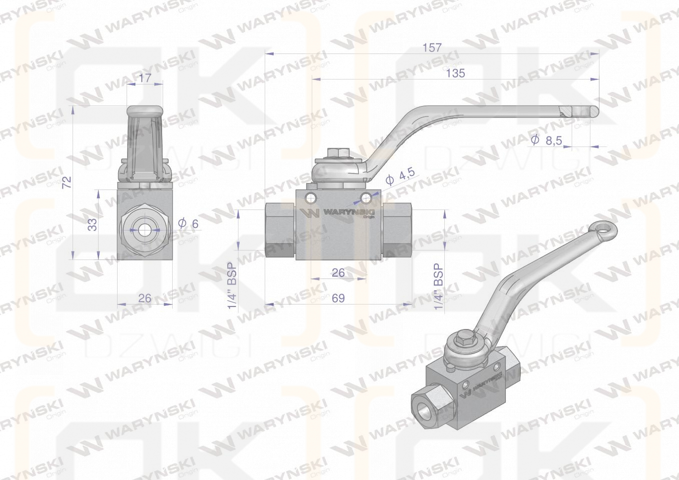 Zawór kulowy hydrauliczny 2-drogowy 2/2 - 1/4