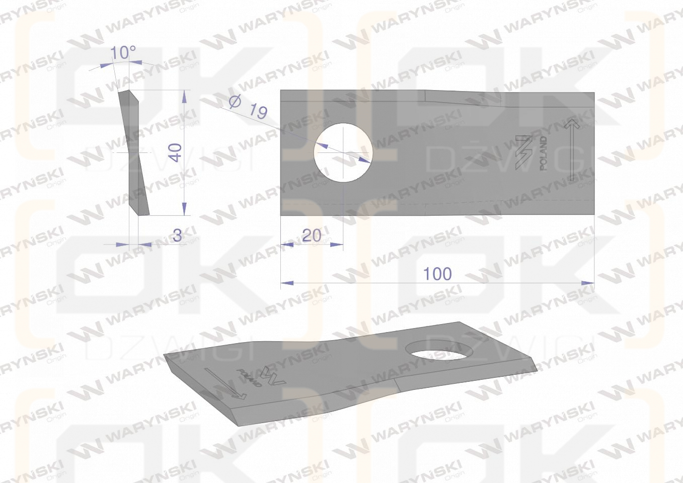Nóż. nożyk kosiarka lewy 100x40x3mm otwór 19 zastosowanie 580290966 BCS Sipma WARYŃSKI ( sprzedawane po 25 )
