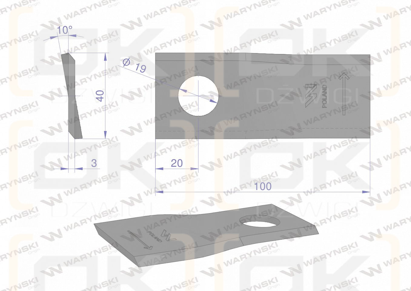 Nóż. nożyk kosiarka lewy 100X40X3mm otwór 19 zastosowanie RS 100/3 Sipma WARYŃSKI ( sprzedawane po 25 )