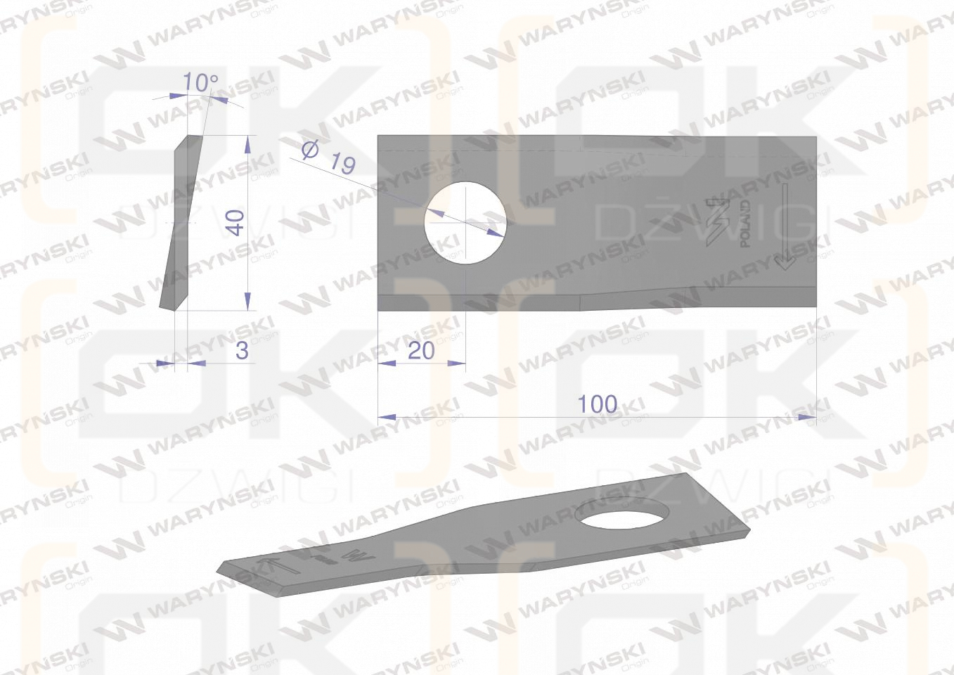 Nóż. nożyk kosiarka prawy 100x40x3mm otwór 19 zastosowanie 580290955 BCS Sipma WARYŃSKI ( sprzedawane po 25 )