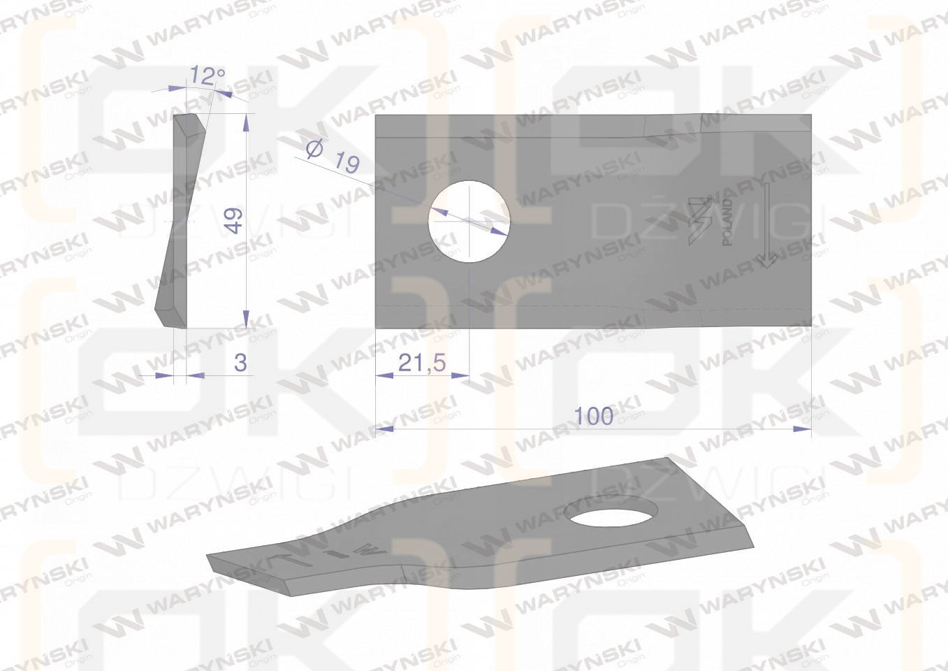 Nóż. nożyk kosiarka prawy 100x48x3mm otwór 19 zastosowanie 9041777 9527280 Claas WARYŃSKI ( sprzedawane po 25 )