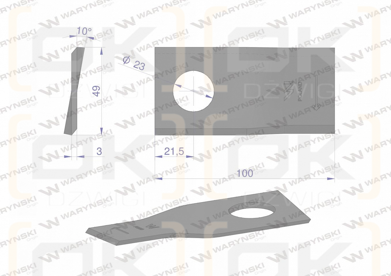 Nóż. nożyk kosiarka prawy 100x48x3mm otwór 23 zastosowanie T683R Mortl WARYŃSKI ( sprzedawane po 25 )