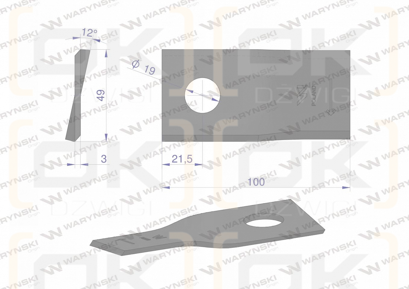 Nóż. nożyk kosiarka prawy 100x48x3mm otwór 19 zastosowanie 570418 Niemeyer WARYŃSKI ( sprzedawane po 25 )